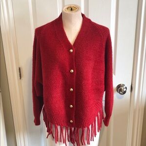 Brian Bailey Red Fringe Cardigan Sweater. S/M